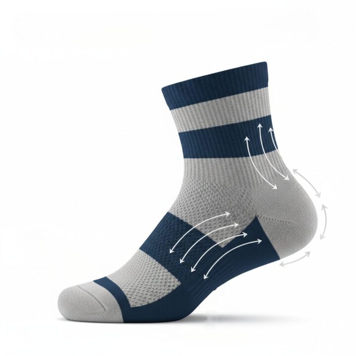 イラスト - 立体製法（左右非対称）のソックスの図解。足の形に合わせてカーブしているイメージ