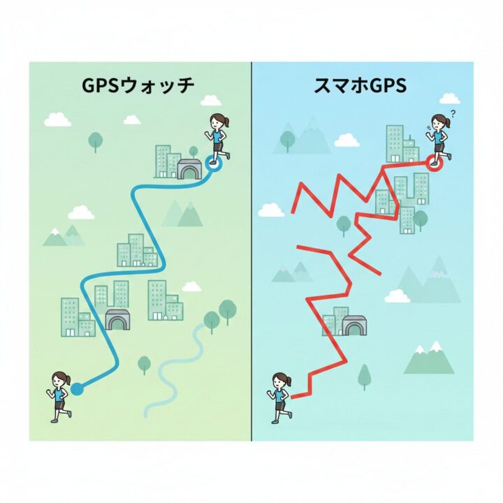 GPSウォッチとスマホアプリの計測精度の違いを示すイメージ図。