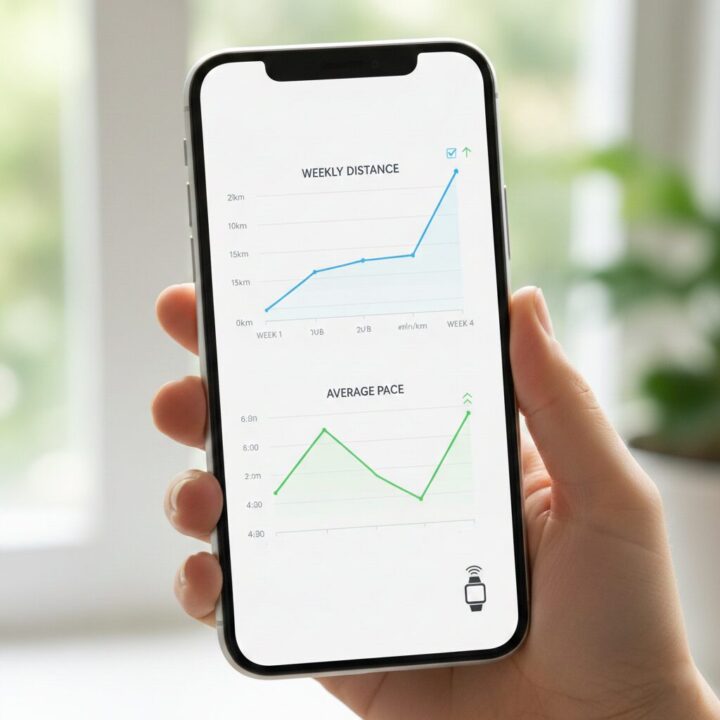 スマホアプリでランニングデータ（距離、ペース、時間）がグラフ化されている様子。