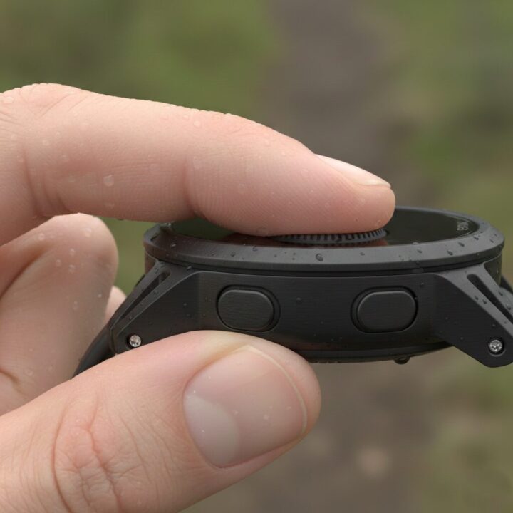 物理ボタンを備えたGPSウォッチの側面。ランニング中の確実な操作性を表現。