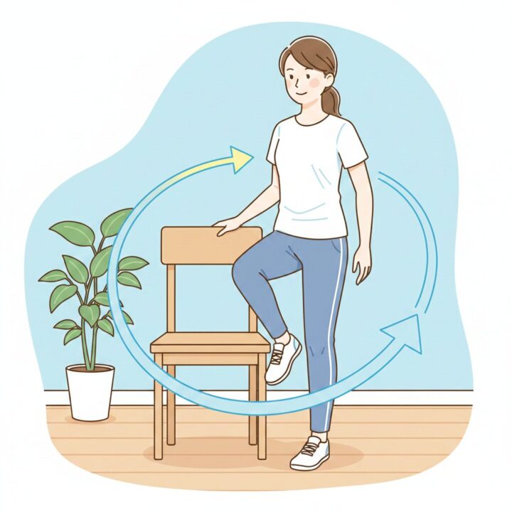 イラスト - 股関節を大きく回す動的ストレッチをリズミカルに行うランナー（立位）