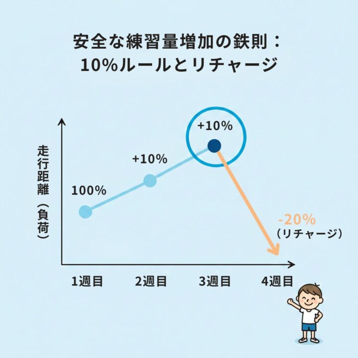 ランニングの走行距離を前の週から10%ずつ増やしていく計画の図