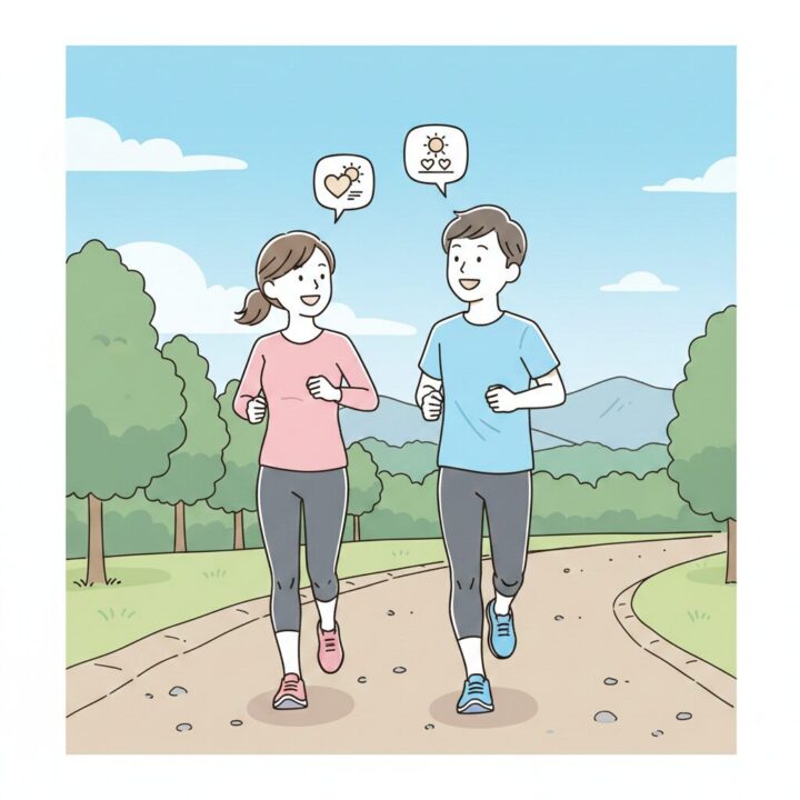 笑顔で会話をしながら走る、無理のないペースのランナーのイラスト