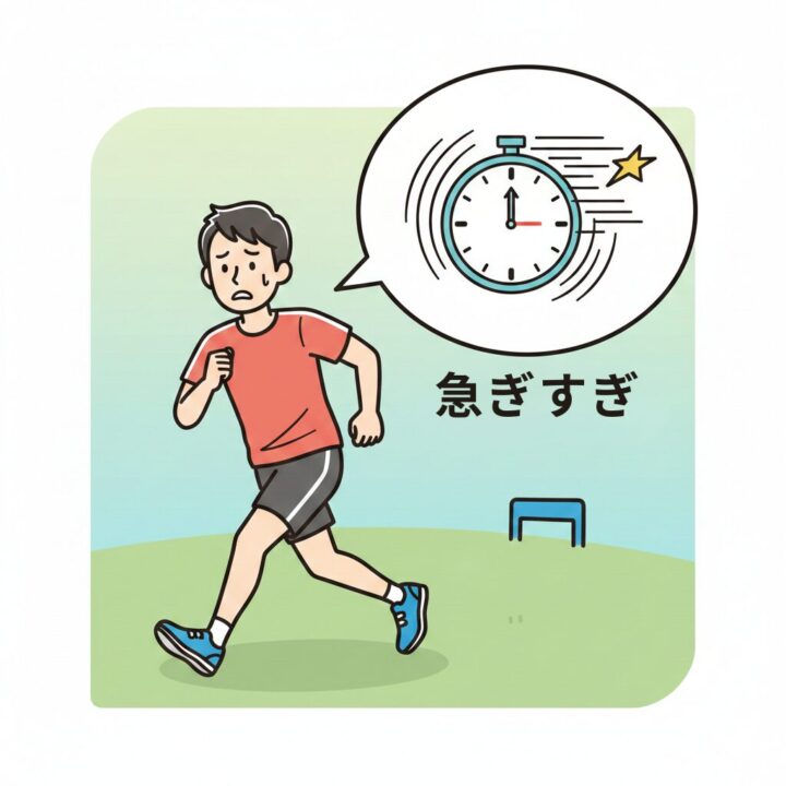 吹き出しの横に、焦って無理に走ろうとしているランナーのイラスト