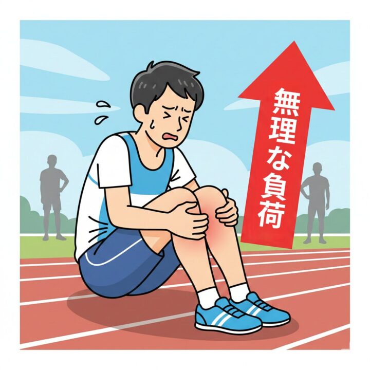 練習量を急激に増やし、膝の痛みを訴えるランニング初心者のイラスト