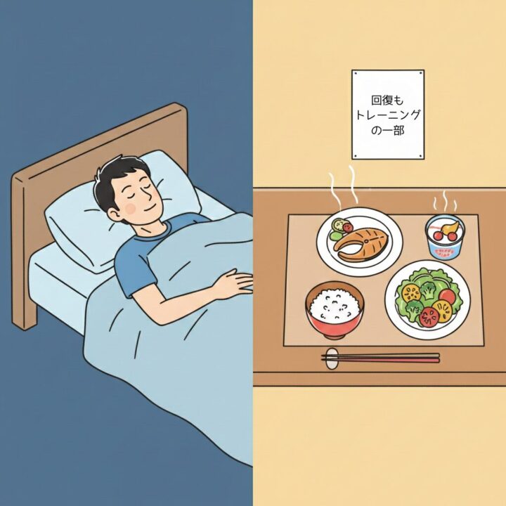 練習後に栄養バランスの良い食事で回復を図るランナーのイラスト