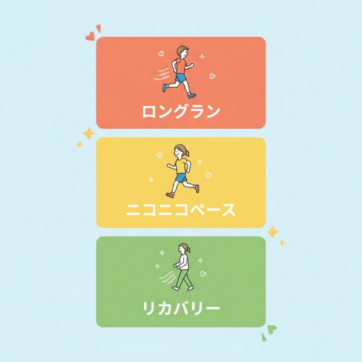 リカバリーラン、ニコニコペース、ロングランなどのペースバリエーションを示すトレーニング強度図