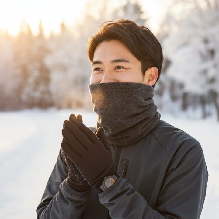 実写 - ネックウォーマーとランニンググローブの着用写真（温かいイメージ）