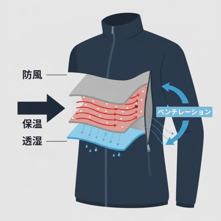 イラスト - 防風性、透湿性、保温性の働きを層で表現した図解。特にベンチレーションの重要性を強調