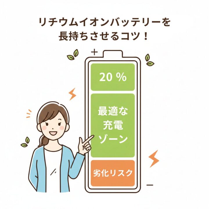 リチウムイオンバッテリーの寿命を延ばす、20%から80%の最適な充電範囲を示す図