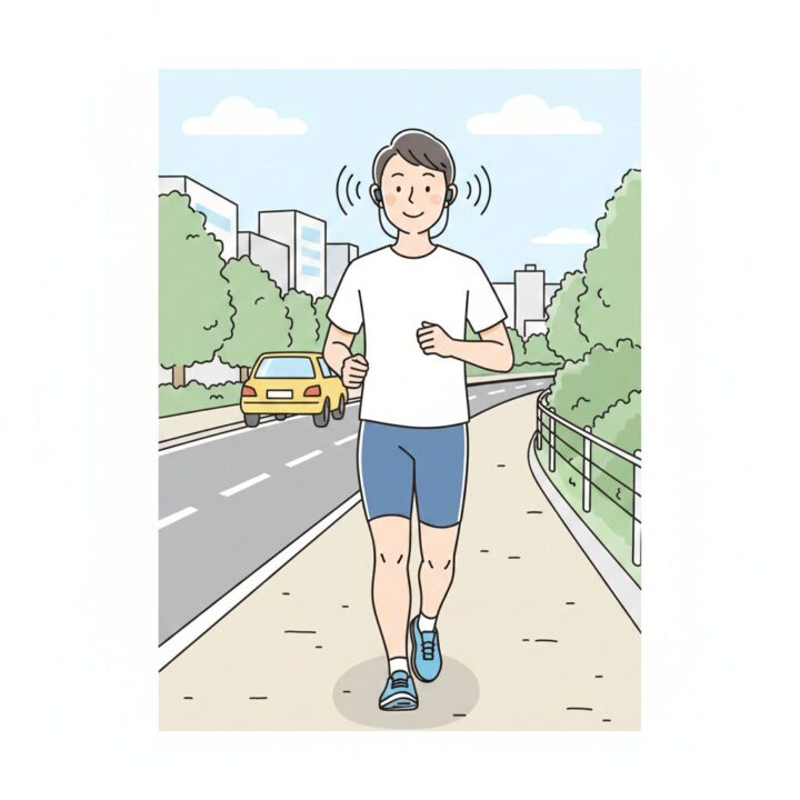 骨伝導イヤホンを装着し、周囲の環境音を聞きながら安全に走るランナーのイラスト
