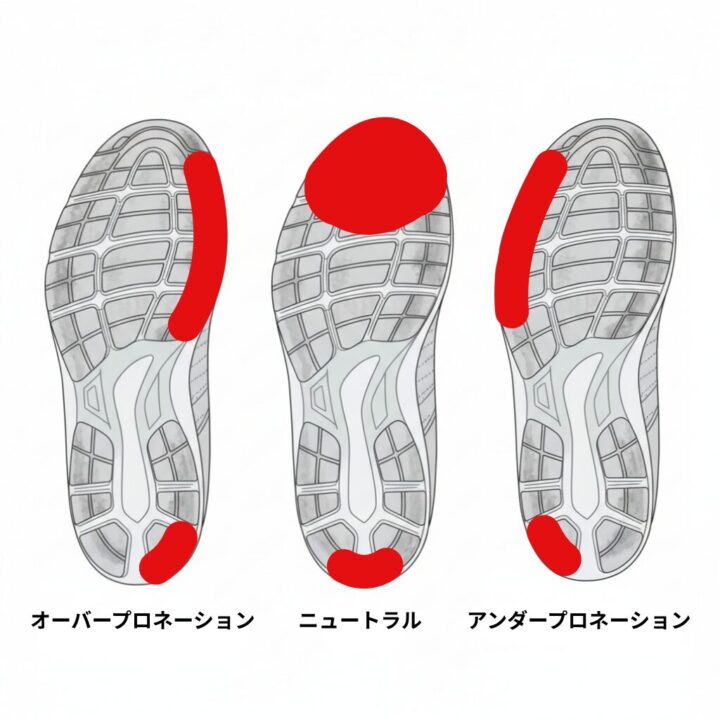図解イラスト：プロネーションタイプ別で確認できるランニングシューズ（ソール裏）の摩耗パターン（内側/均等/外側）