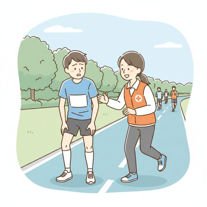 イラスト - コース脇で救護スタッフに声をかけるランナーの図