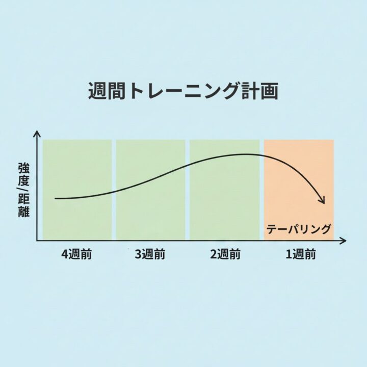 イラスト - 週間ランニングプランの図解（4週間前から段階的に距離を伸ばし、1週間前に減らすイメージ）