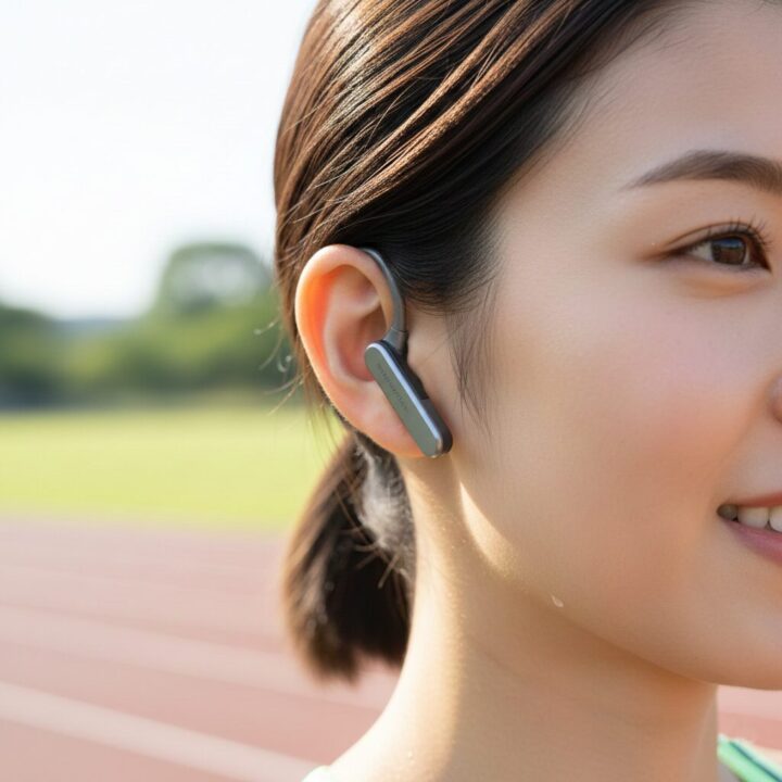 ランニング中に骨伝導イヤホンを着用し周囲の音を聞いているランナー
