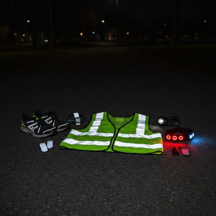 反射材付きのウェアやLEDライトなどの夜間安全装備品