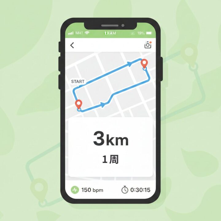 地図とGPSアイコン：安全なランニングコースの図解