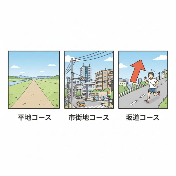 ランニング目的別のおすすめコースパターン（平地・市街地・坂道）のイラスト