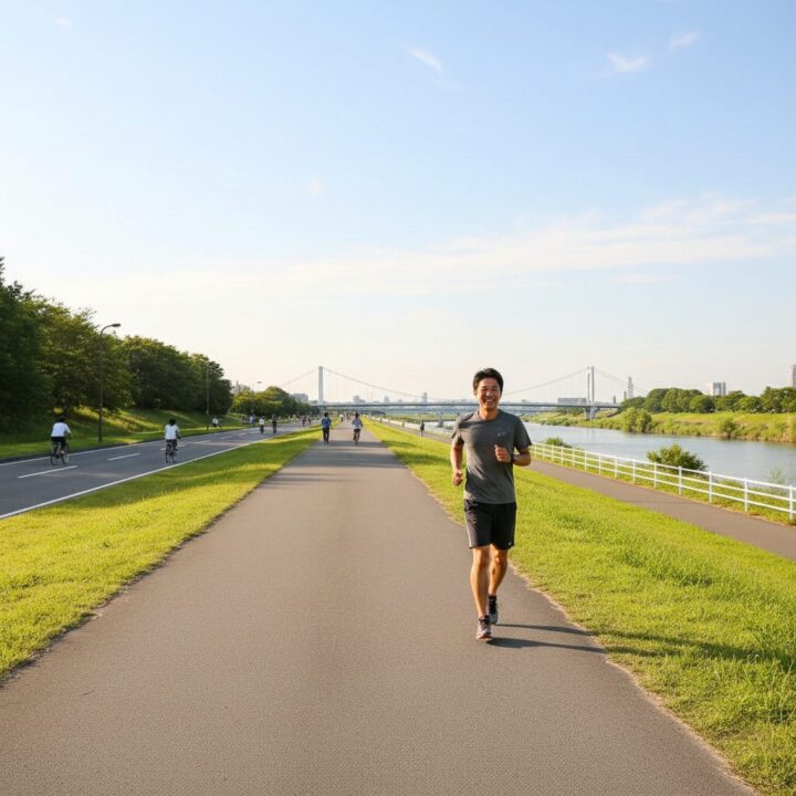 整備された河川敷のランニングコースの様子