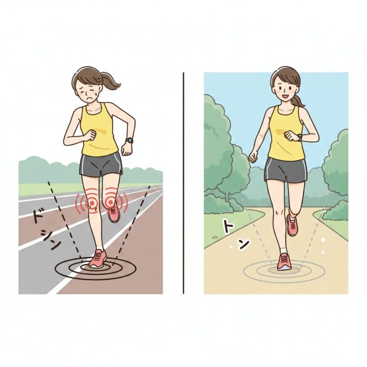 重い走り（接地時間が長い）と軽い走り（接地時間が短い）のランニングフォームの比較イラスト。膝への衝撃の大きさを強調。