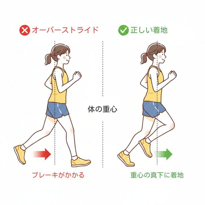 ランニングの着地位置に関する図解。体の重心線と、正しい着地位置（真下）およびオーバーストライド（重心の前）の比較。