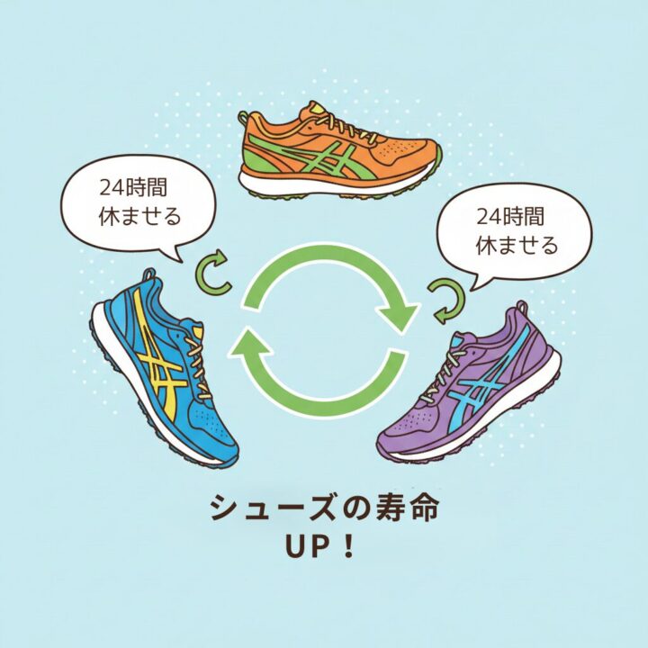 イラスト - 3足のシューズをローテーションしているイメージ図