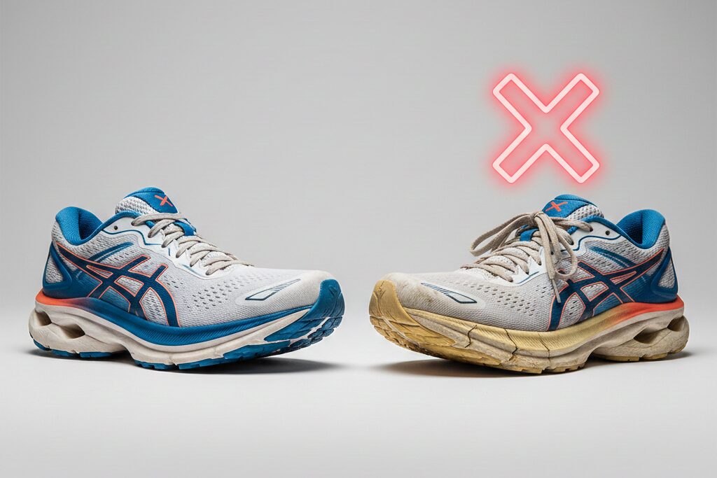 寿命を迎えたシューズが怪我につながることを視覚的に表現