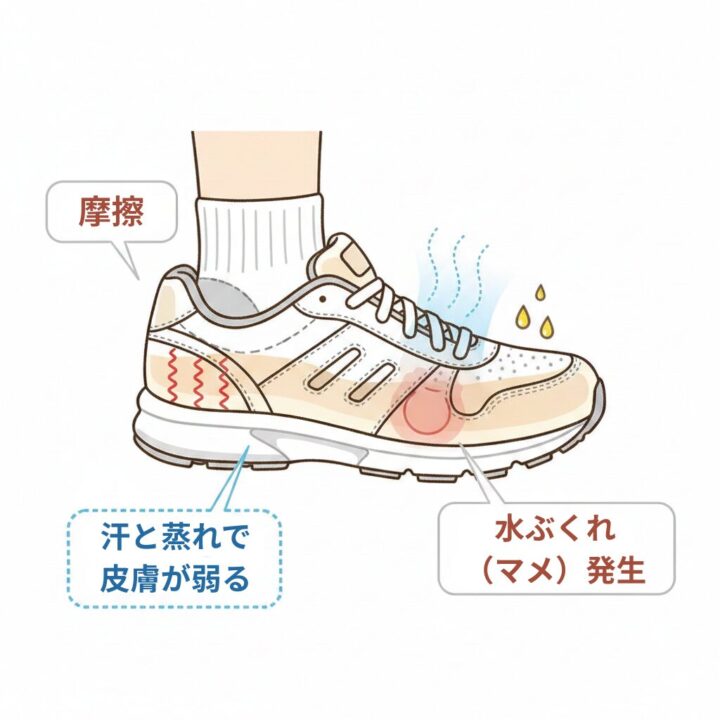 イラスト - マメができるメカニズムの図解（摩擦と蒸れ）
