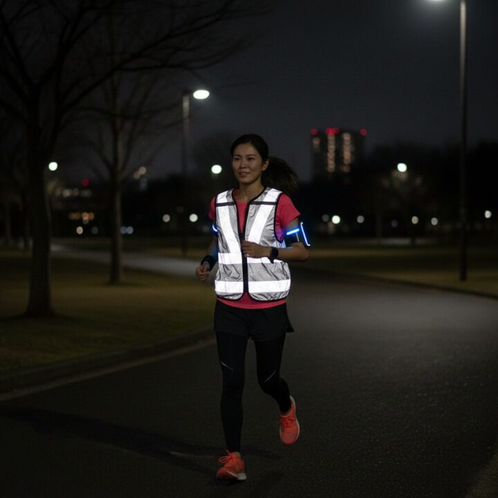反射材のベストとLEDライトを装着して夜道を走るランナーの実写