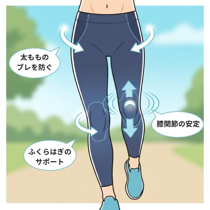 イラスト - 着圧による筋肉サポートを図解した、ランニングタイツを着用した脚