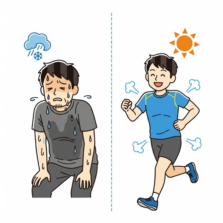 綿のTシャツで汗冷えし、顔が青ざめた不快なランナーと、吸汗速乾ウェアで快適に走る爽やかなランナーの比較イラスト