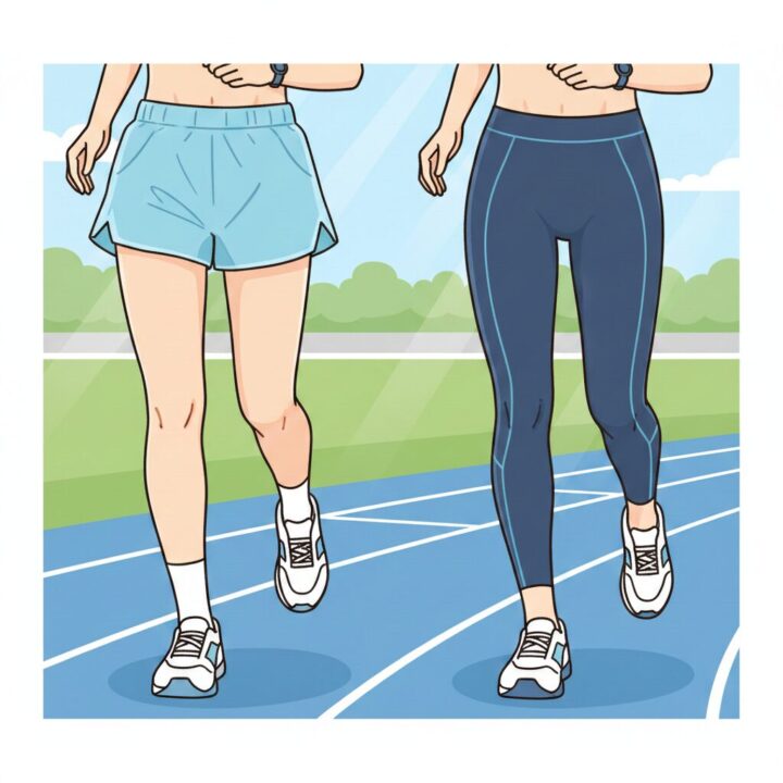 ショートパンツを着用したランナーと、フルレングスのランニングサポートタイツを着用したランナーの脚の比較写真。