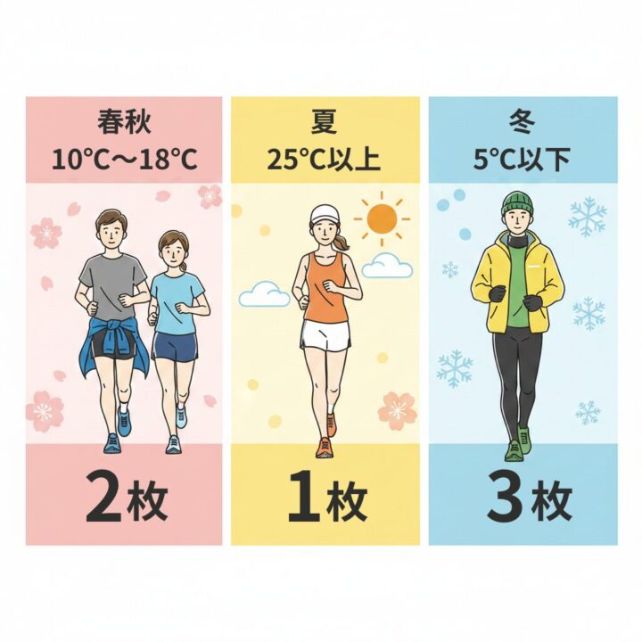 春秋、夏、冬の気温別ランニングウェアのコーディネート（重ね着）を比較したイラスト。それぞれの季節の適切なウェア枚数とアイテムを視覚的に表示。
