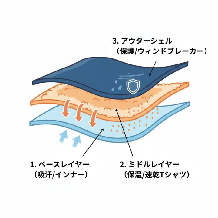 ランニングウェアのレイヤリング（重ね着）の仕組みを図解したイラスト。ベースレイヤー、ミドルレイヤー、アウターシェルが層になっている構造図。