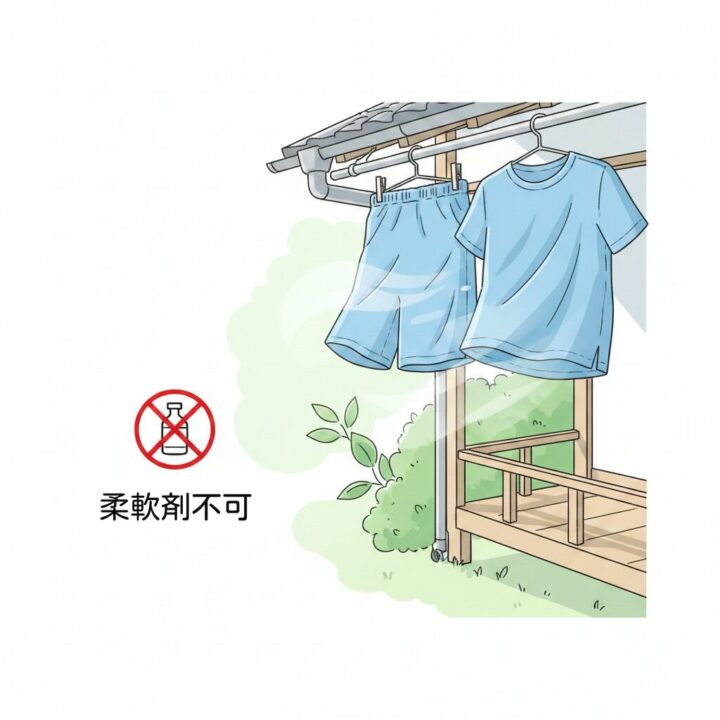ランニングウェアを洗濯ネットに入れ、屋外で自然乾燥（陰干し）しているイラスト。