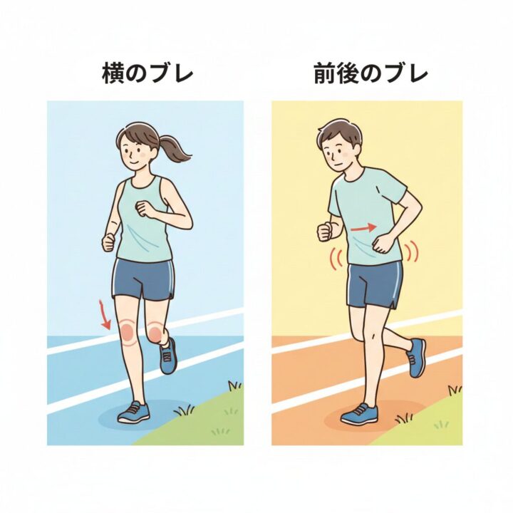 イラスト - 横のブレでニーインしているランナーのイラストと、前後のブレ（猫背・反り腰）のランナーのイラストを対比