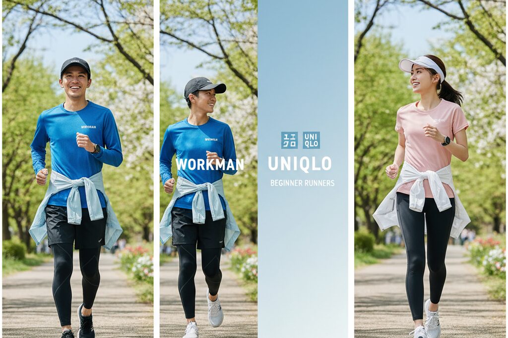ワークマンとユニクロのロゴと、それぞれのブランドのランニングウェアを着た初心者ランナーの対比画像