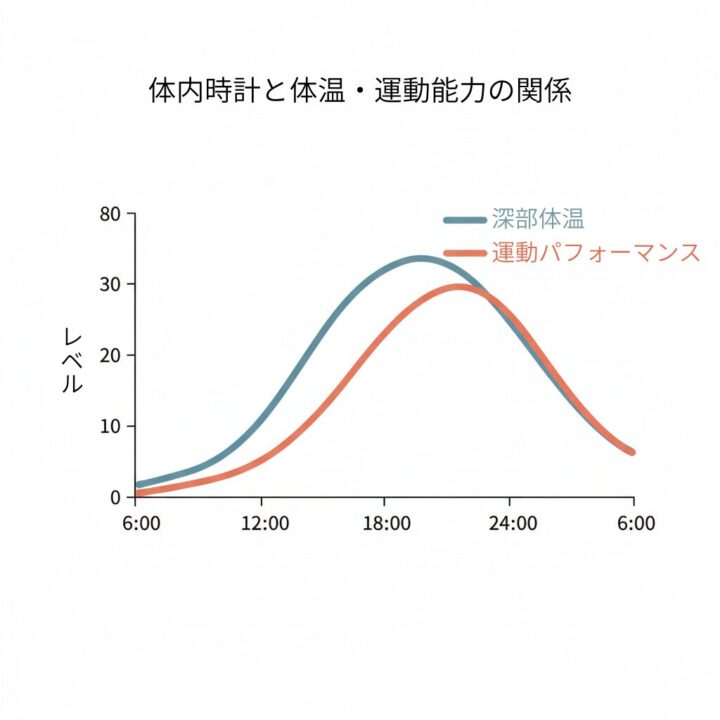 体内時計と体温・運動能力の関係を示すグラフ図。