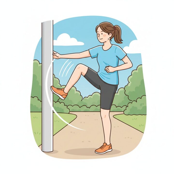 ランニング前の怪我予防のための動的ストレッチをしているランナーのイラスト。股関節のストレッチ。