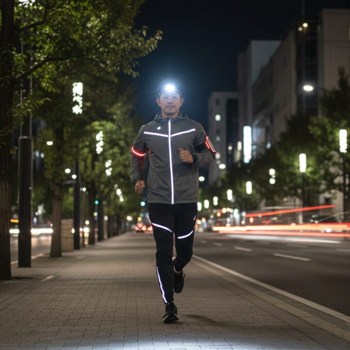 安全を確保するため、反射材付きウェアとライトを着用して夜道を走るランナーの実写。