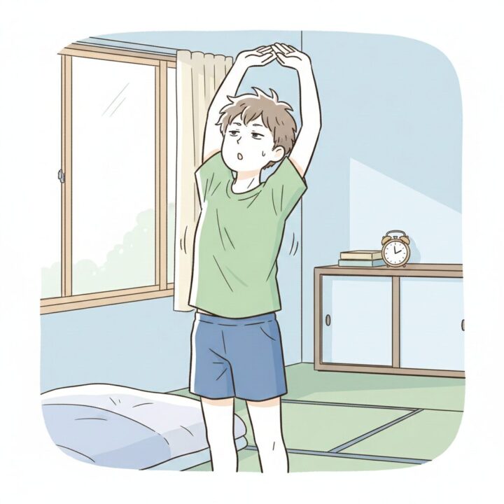 ランニング前の体が硬い状態を表現するため、伸びをしているランナーのイラスト。