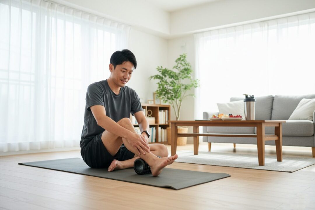自宅のリビングでフォームローラーを使い、翌日のために足をセルフケアするランナーの様子