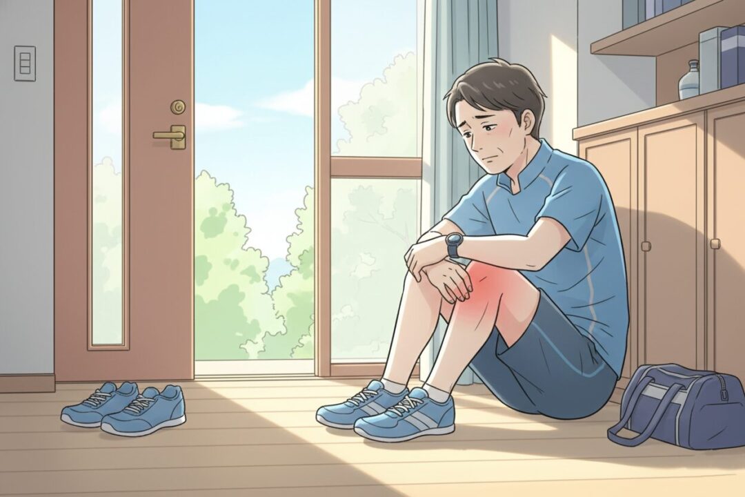 無理な連投により膝を痛め、玄関で肩を落とす初心者ランナー。怪我の恐ろしさを伝えるイメージ