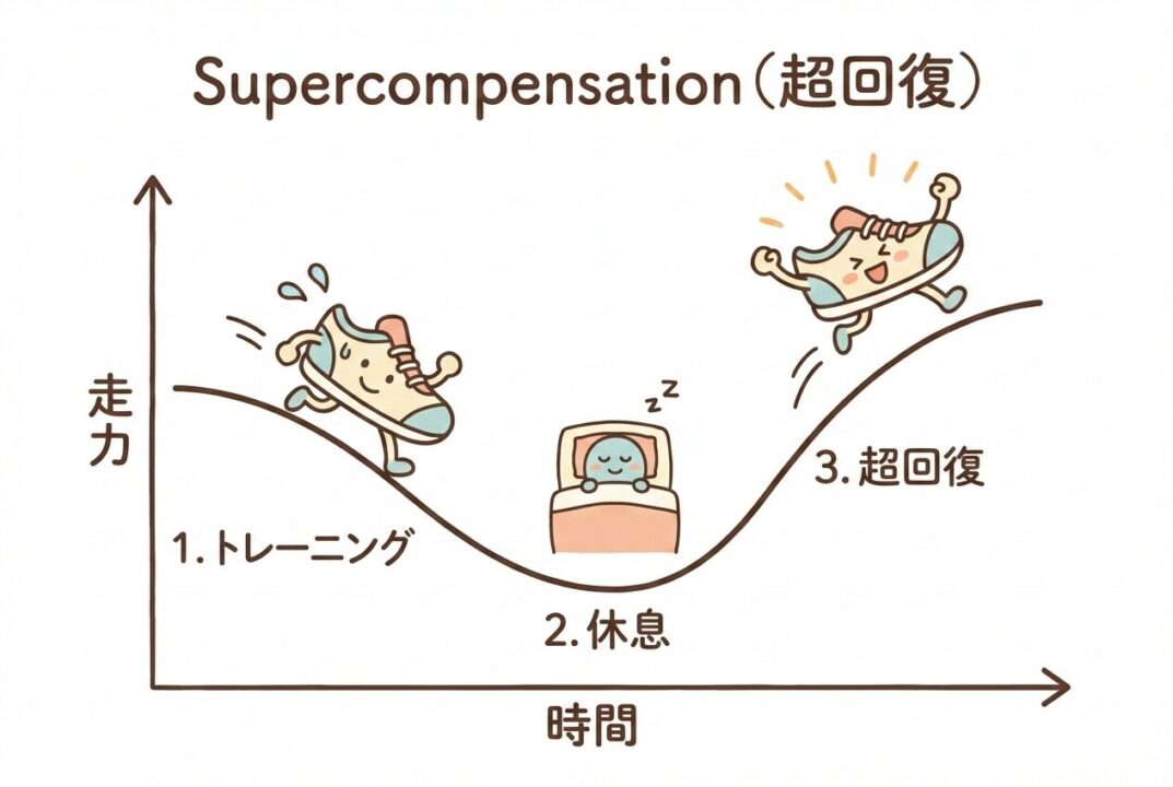 運動後の休息によって筋肉が以前より強化される「超回復」のサイクルを分かりやすく示した解説図