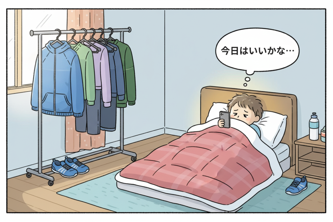豪華な最新ウェアを前に、走り出せずに布団で丸まって悩む初心者の情けない姿のイラスト。