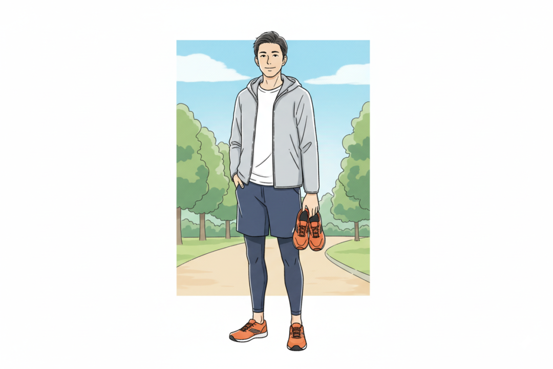 ワークマンのウェアとユニクロのパーカを組み合わせ、冬の防寒対策をした初心者ランナーの全身イラスト。
