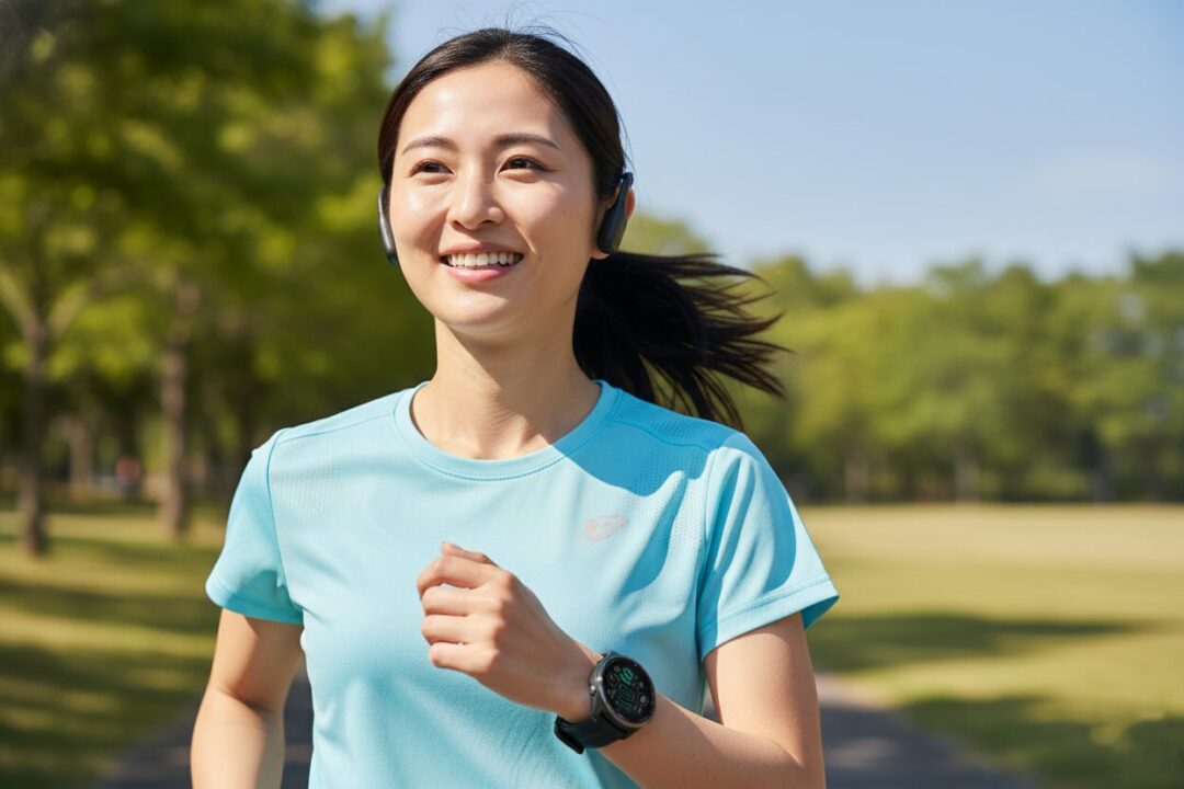 GarminのGPSウォッチを確認しながら、Shokzの骨伝導イヤホンを付けて笑顔で走る男性ランナー。