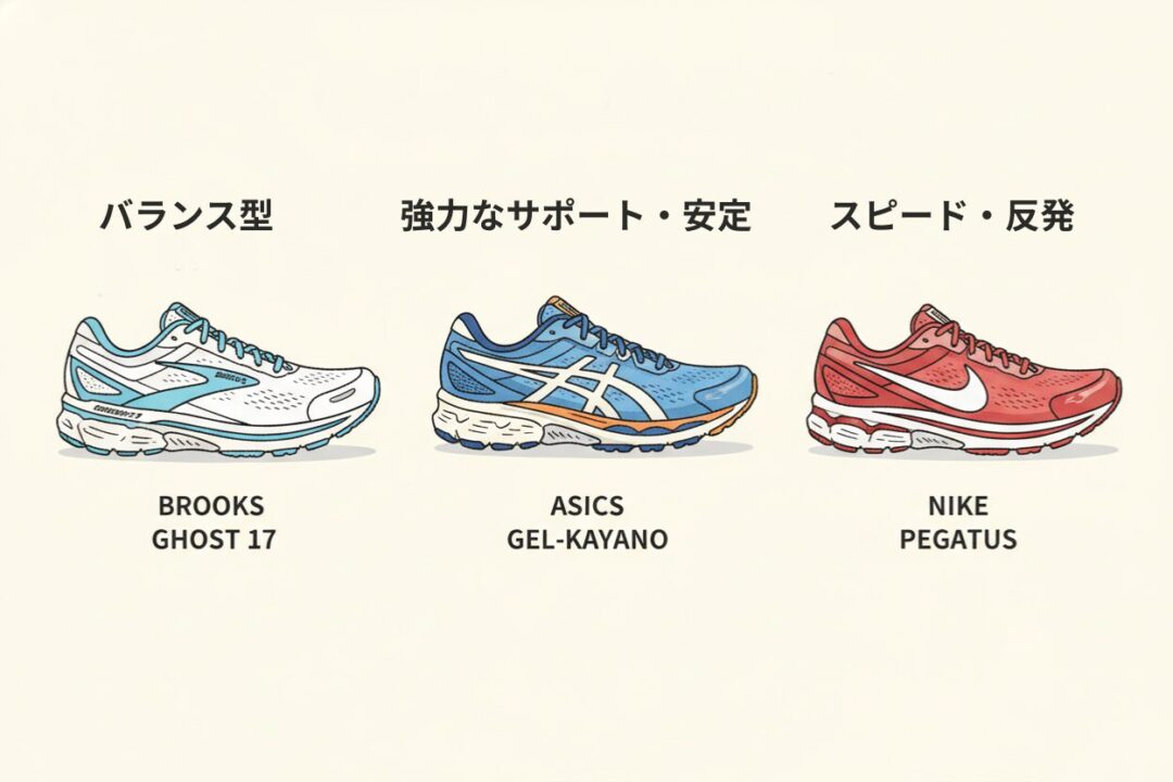 ランニングシューズ初心者向け：ブルックス ゴースト17と、アシックス GEL-KAYANO、ナイキ ペガサスの3モデルを比較する図解イラスト