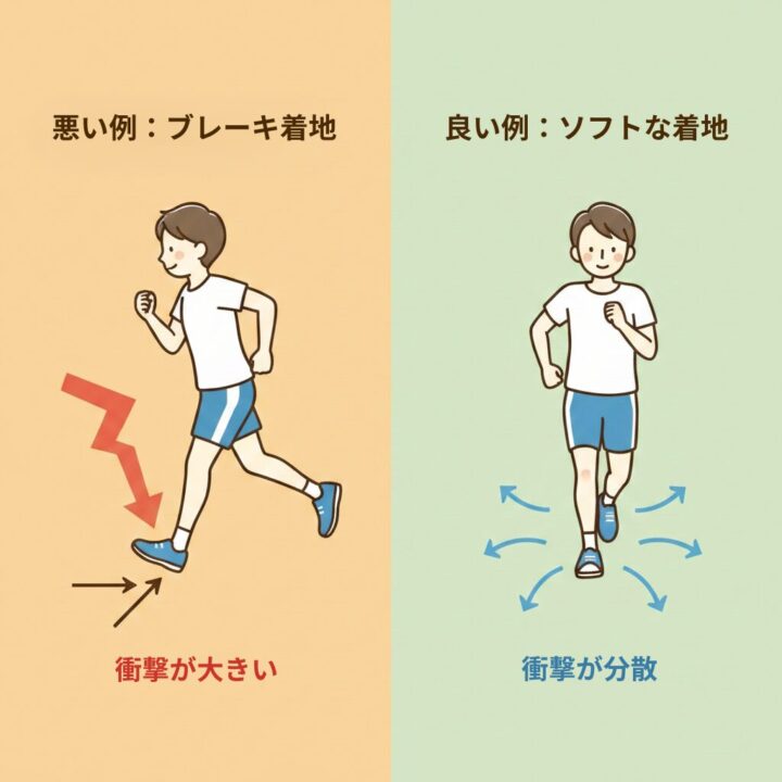 イラスト - ブレーキ着地のイメージ図（体が後ろにのけぞり、足が前方に投げ出されている状態と、体の真下で着地している状態の比較