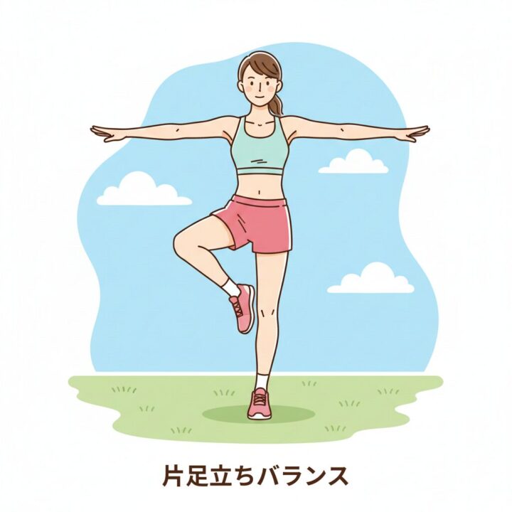 ランニングフォームの土台を固める「片足立ちバランス」トレーニングのイラスト。片足を上げて、体幹がブレないように安定させているランナーの様子。